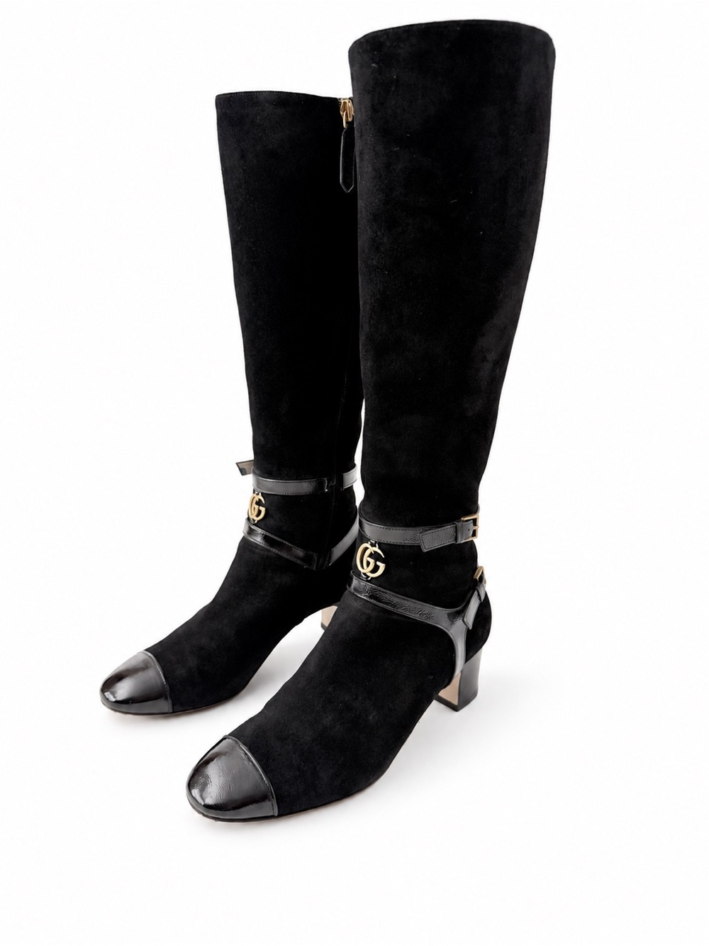 GUCCI | GG Logo Geraldine 55 Black Suede Patent Leather Knee High Boots EU 36.5